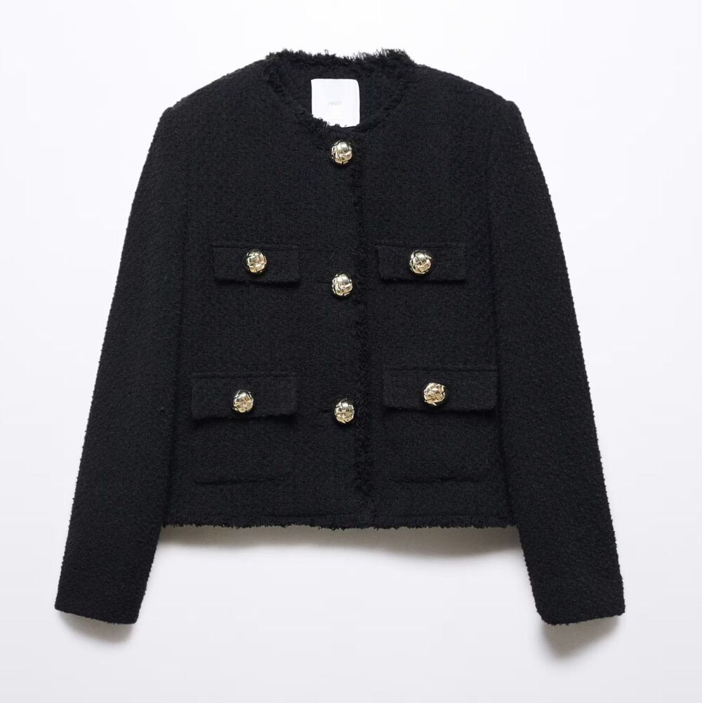 Mango Black Bouclé Gold-Button Jacket